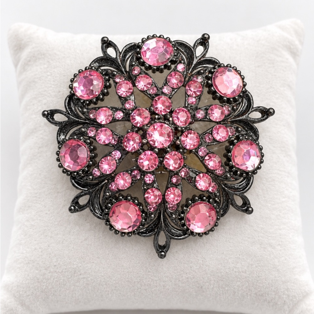 VTG Pink Rhinestone Floral Brooch